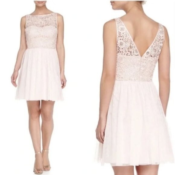Aidan Mattox Light Pink Lace Bodice Tulle Skirt Mini Dress Size 4 - Picture 1 of 10